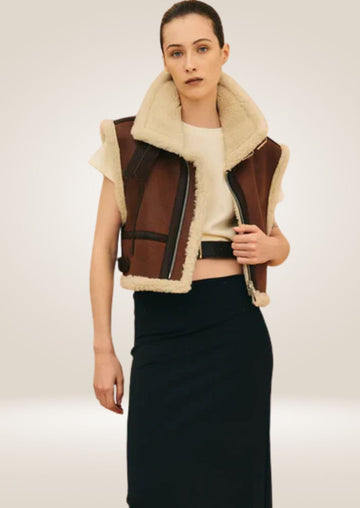 Women’s brown shearling aviator leather vest with soft lining and classic aviator style