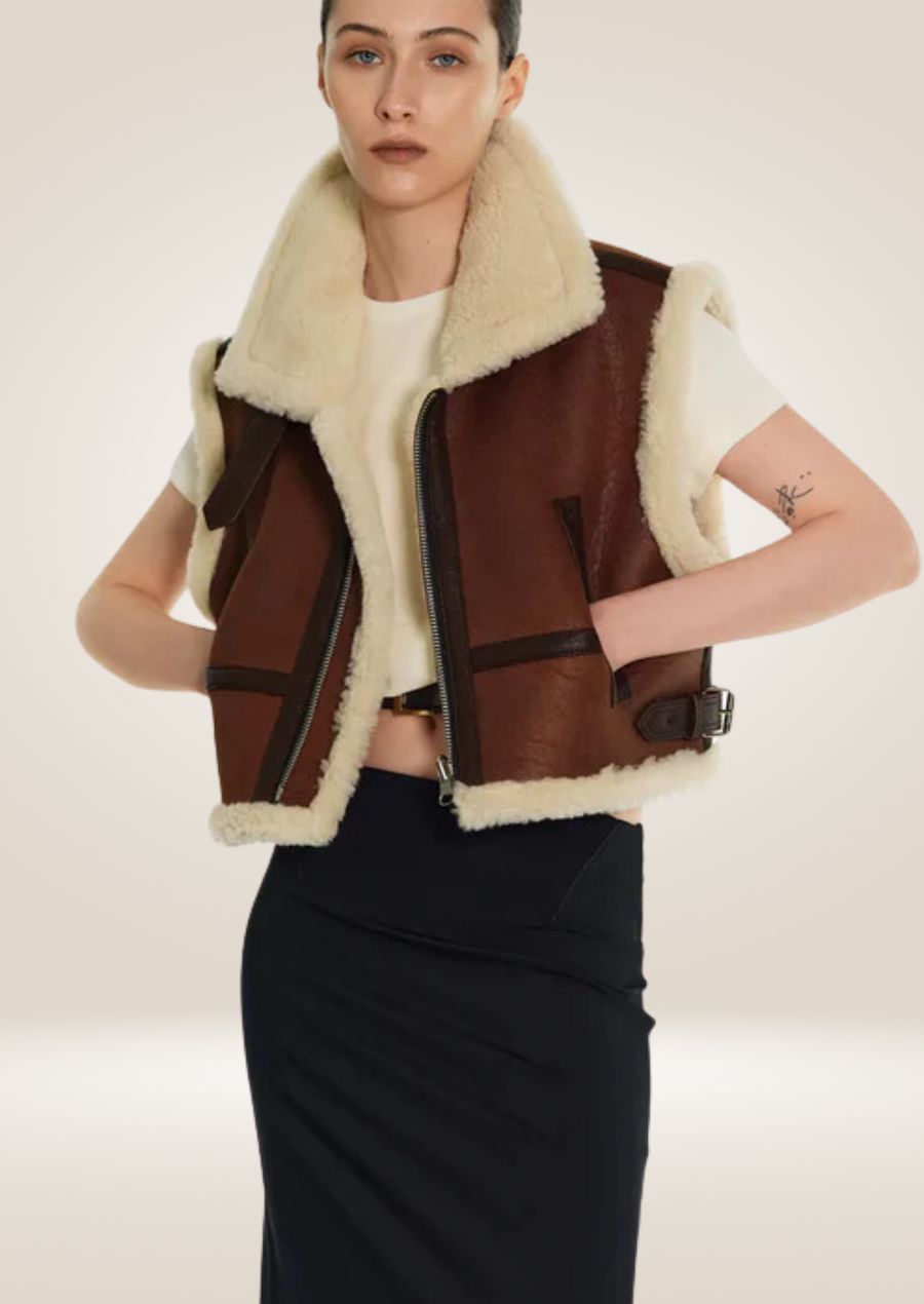 Women’s brown shearling aviator leather vest with soft lining and classic aviator style