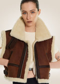 Women’s brown aviator leather vest with shearling collar and structured tailored fit
