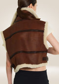 Premium brown shearling aviator leather vest with durable leather exterior and soft interior