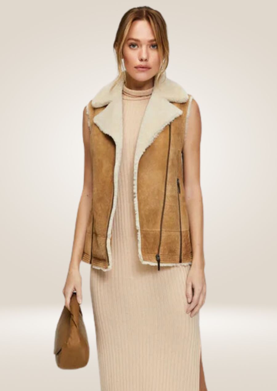 Women’s brown sheepskin shearling leather vest with cozy lining and elegant tailored fit