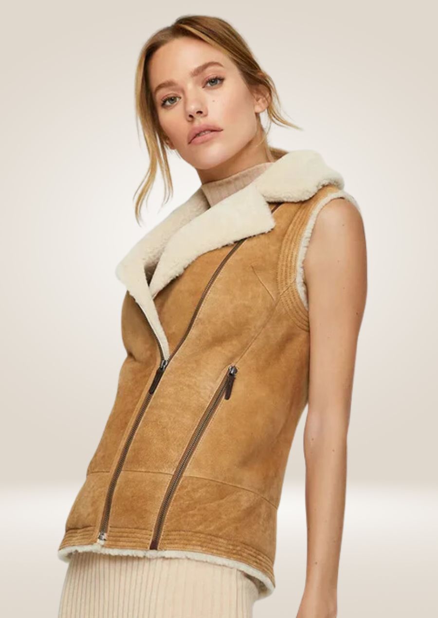 Women’s brown sheepskin shearling leather vest with cozy lining and elegant tailored fit