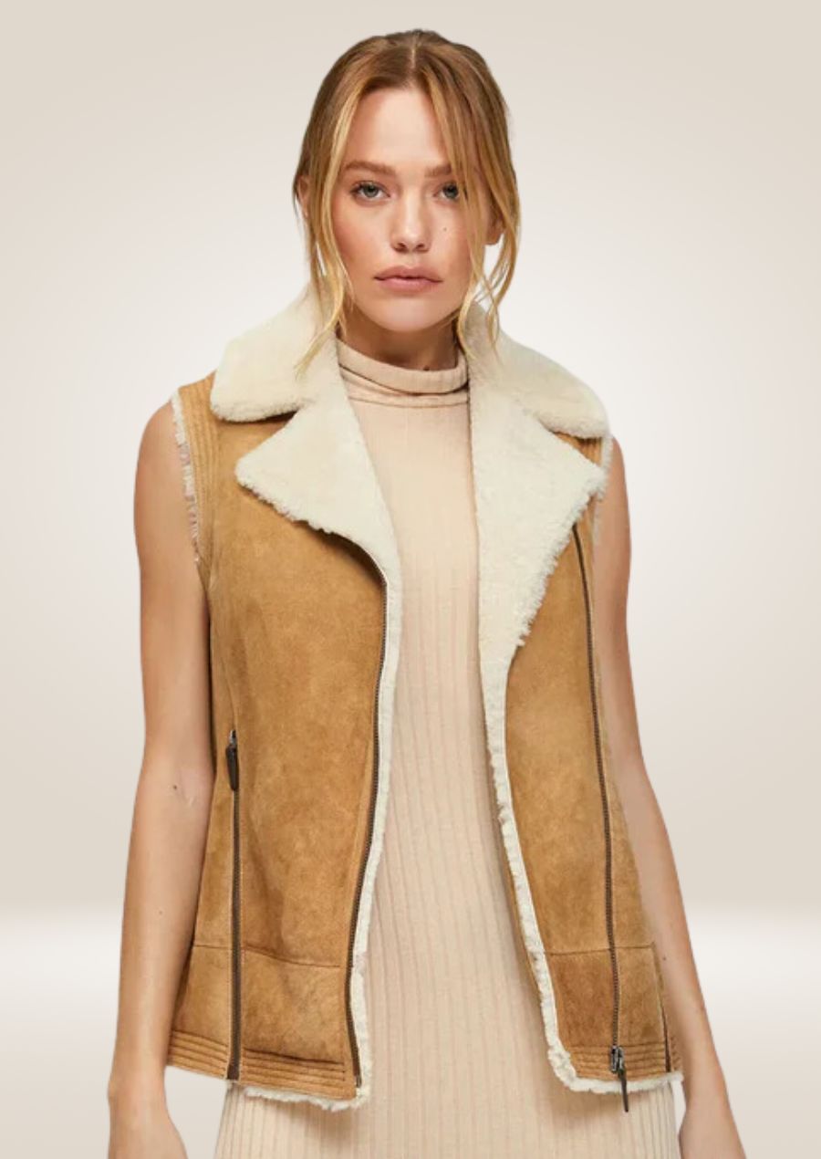 Women’s brown leather vest crafted from genuine sheepskin with warm plush shearling interior