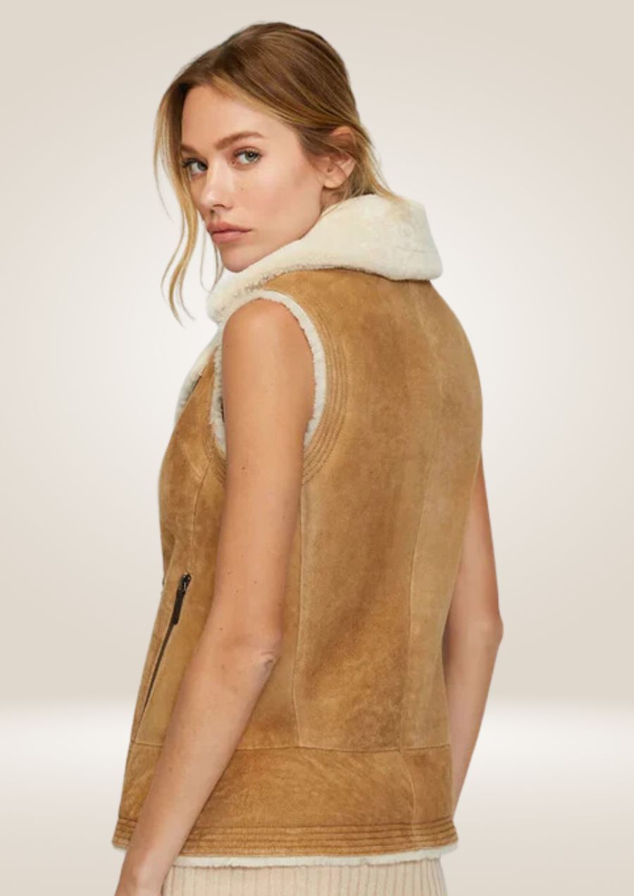 Elegant brown sheepskin shearling vest offering warmth, comfort, and timeless outerwear style