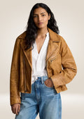 Women’s brown waxed leather jacket with rugged finish and classic zip-front design
