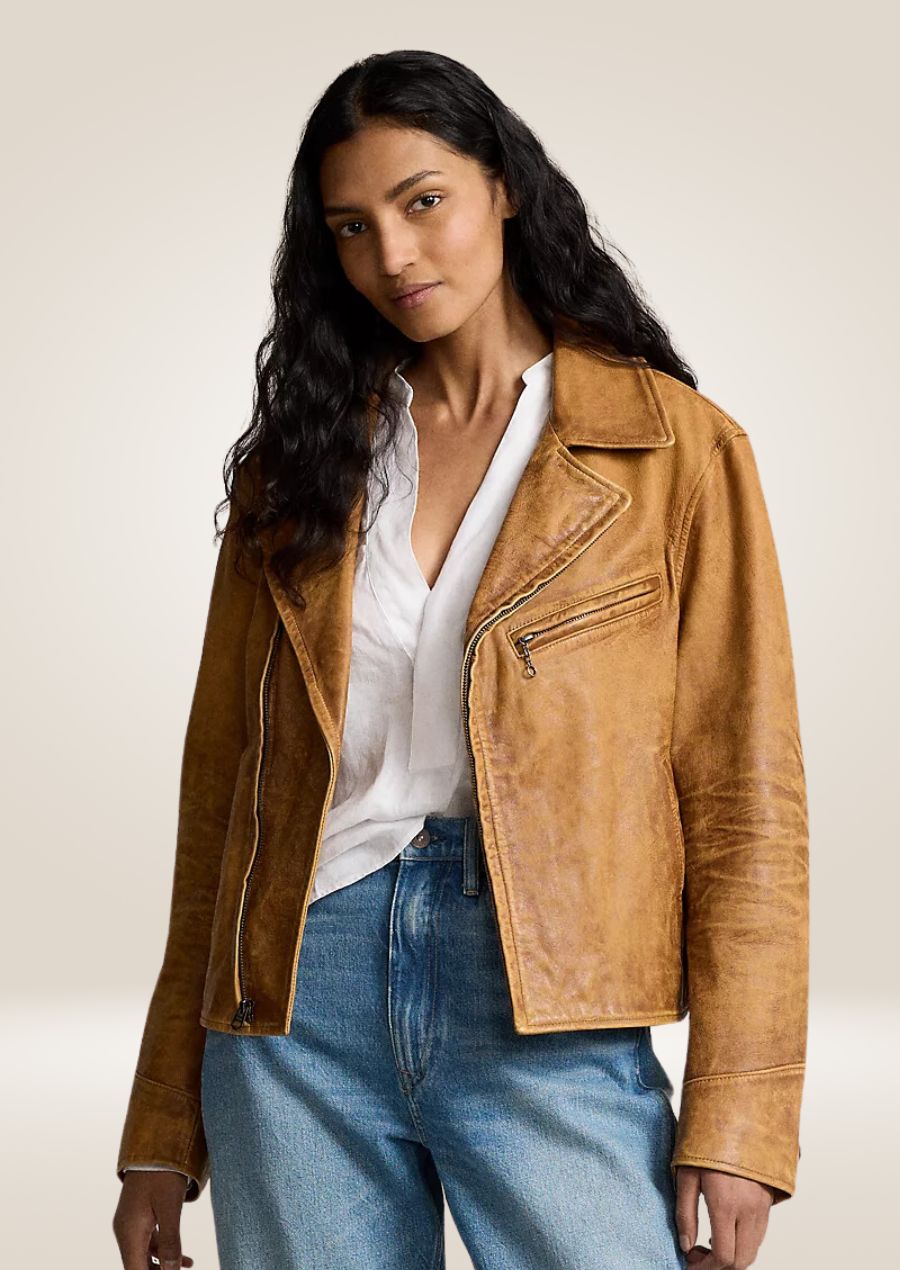 Stylish women’s brown waxed leather jacket featuring soft lambskin and durable texture