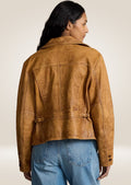 Women’s slim-fit brown waxed leather jacket with structured shoulders and tailored cut