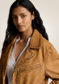 Premium women’s brown waxed leather jacket with full-length sleeves and polished finish
