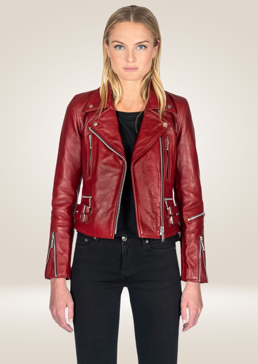 Women's Burgundy Perfecto Leather Jacket - Elegant Biker Style