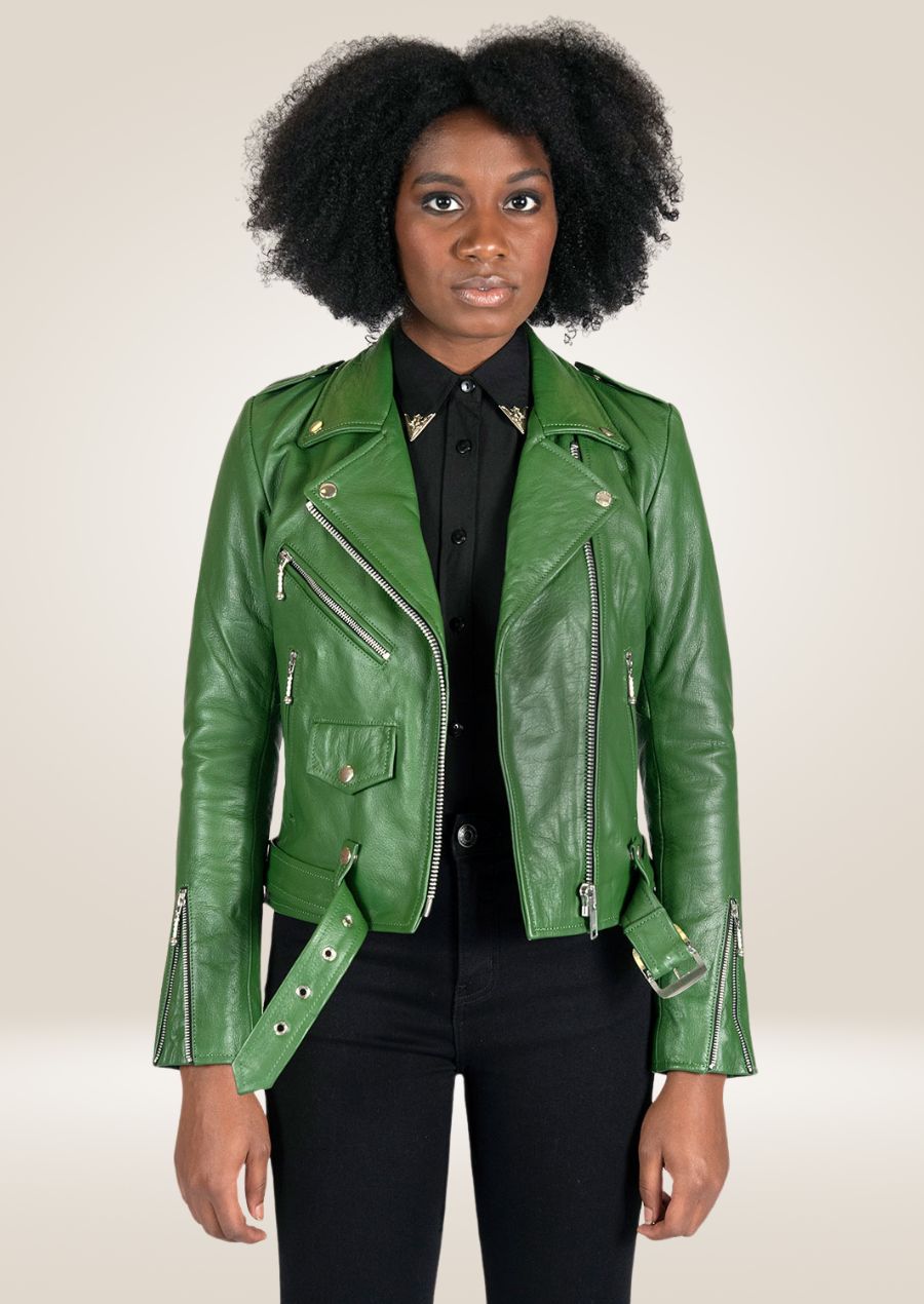 Women's Cactus Green Perfecto Leather Jacket - Bold Biker Look