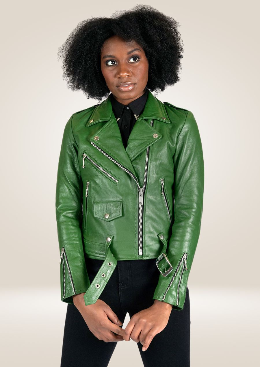 Women's Cactus Green Perfecto Leather Jacket - Bold Biker Look