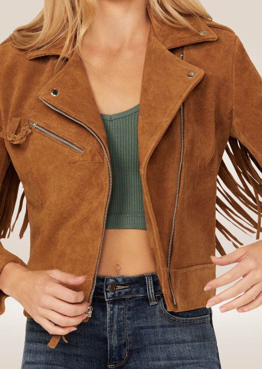 Women's Camel Suede Biker Jacket with Fringes