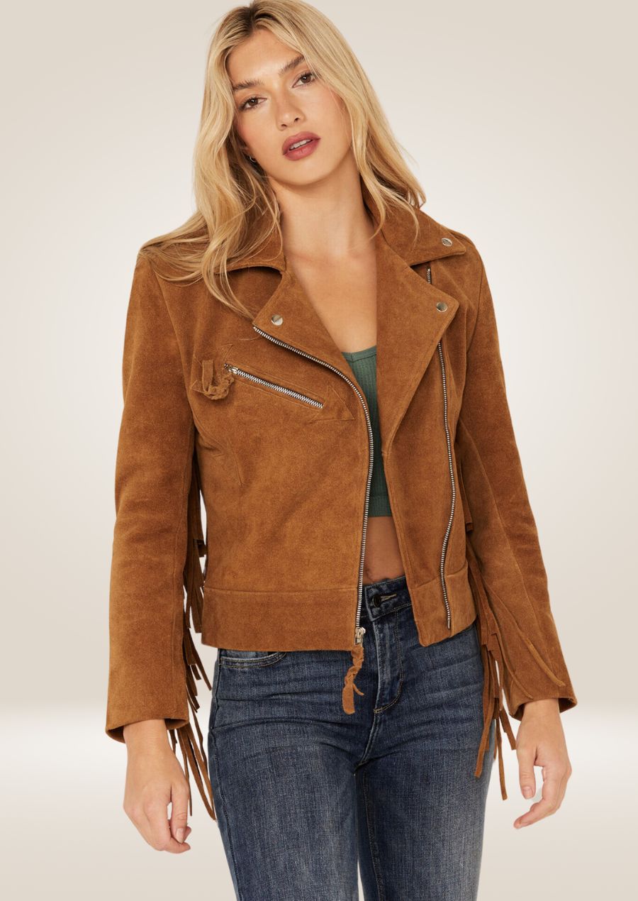 Women's Camel Suede Biker Jacket with Fringes