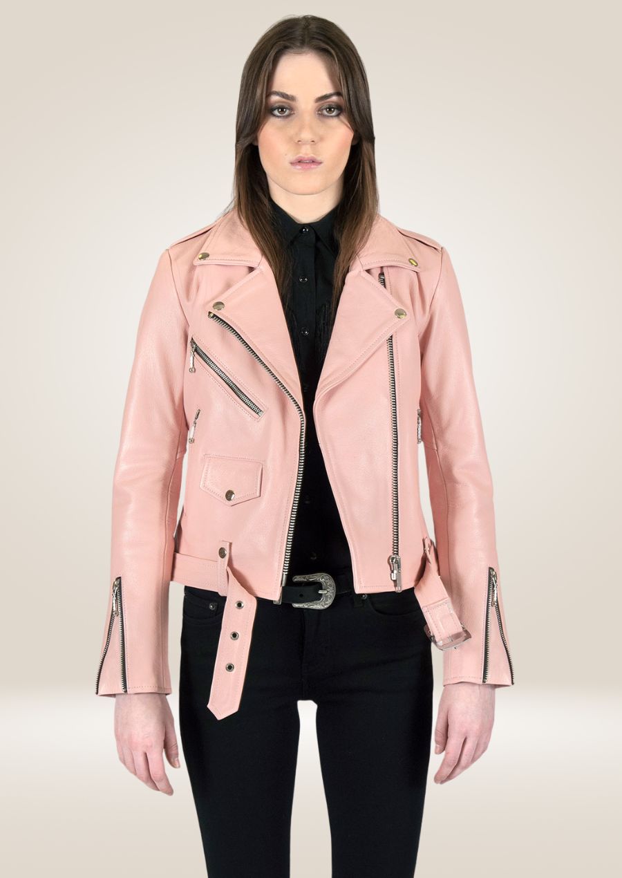 Women's Dusty Pink Biker Leather Jacket - Chic Road Style