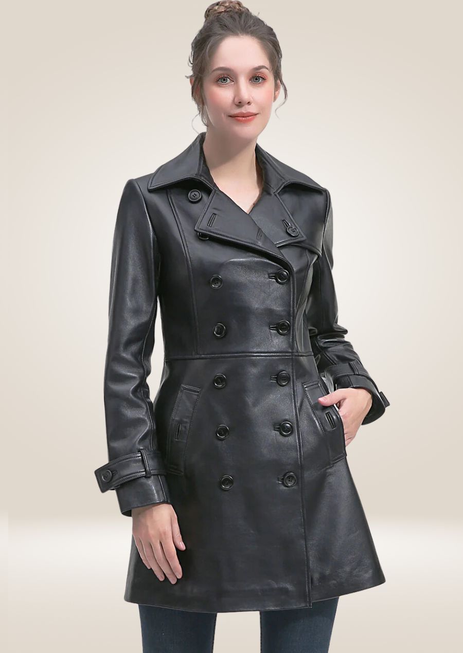 Women’s lambskin leather peacoat with double-breasted design and elegant tailored silhouette