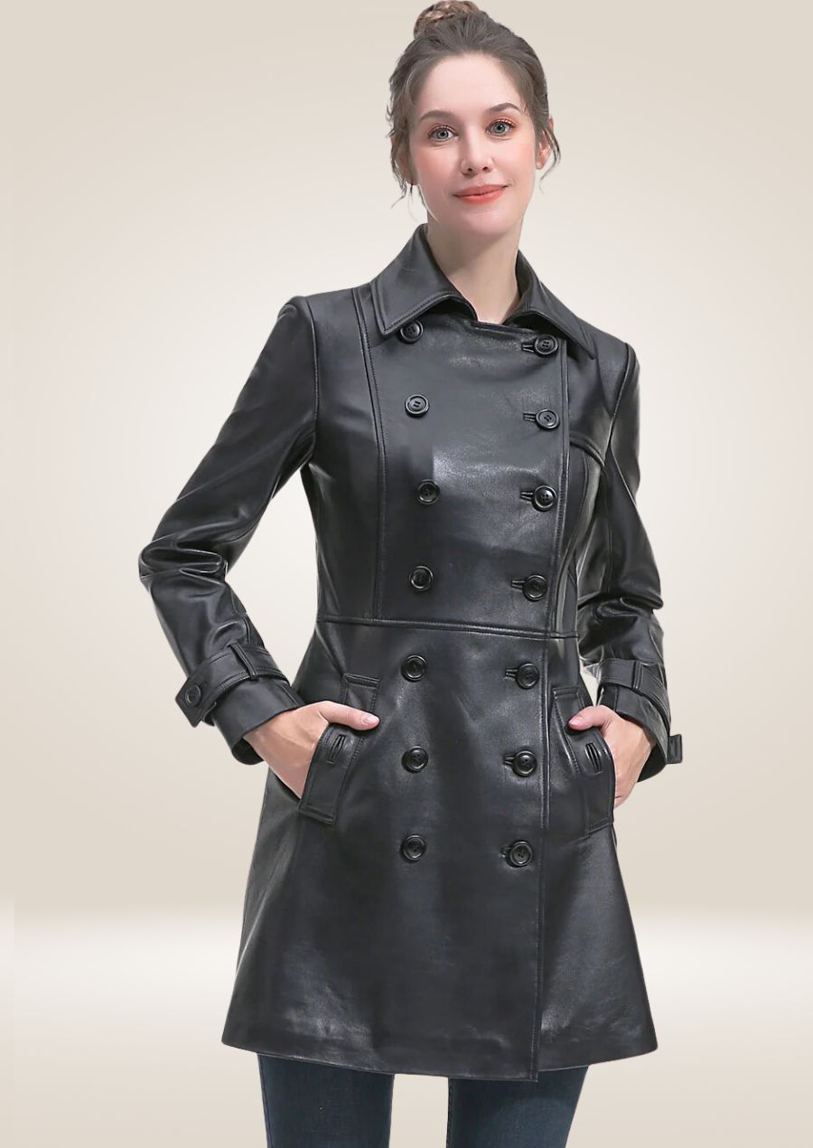 Women’s lambskin leather peacoat with double-breasted design and elegant tailored silhouette
