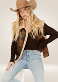 Premium women’s leather sherpa aviator vest crafted from genuine leather with soft interior