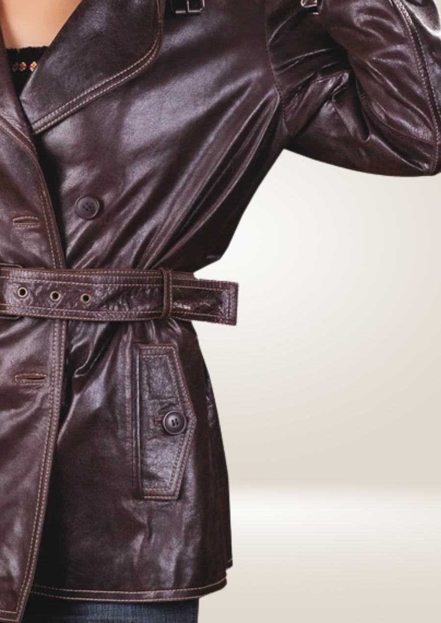 Women’s Reddish-Brown Belted Leather Pea Coat - Elegant and Chic