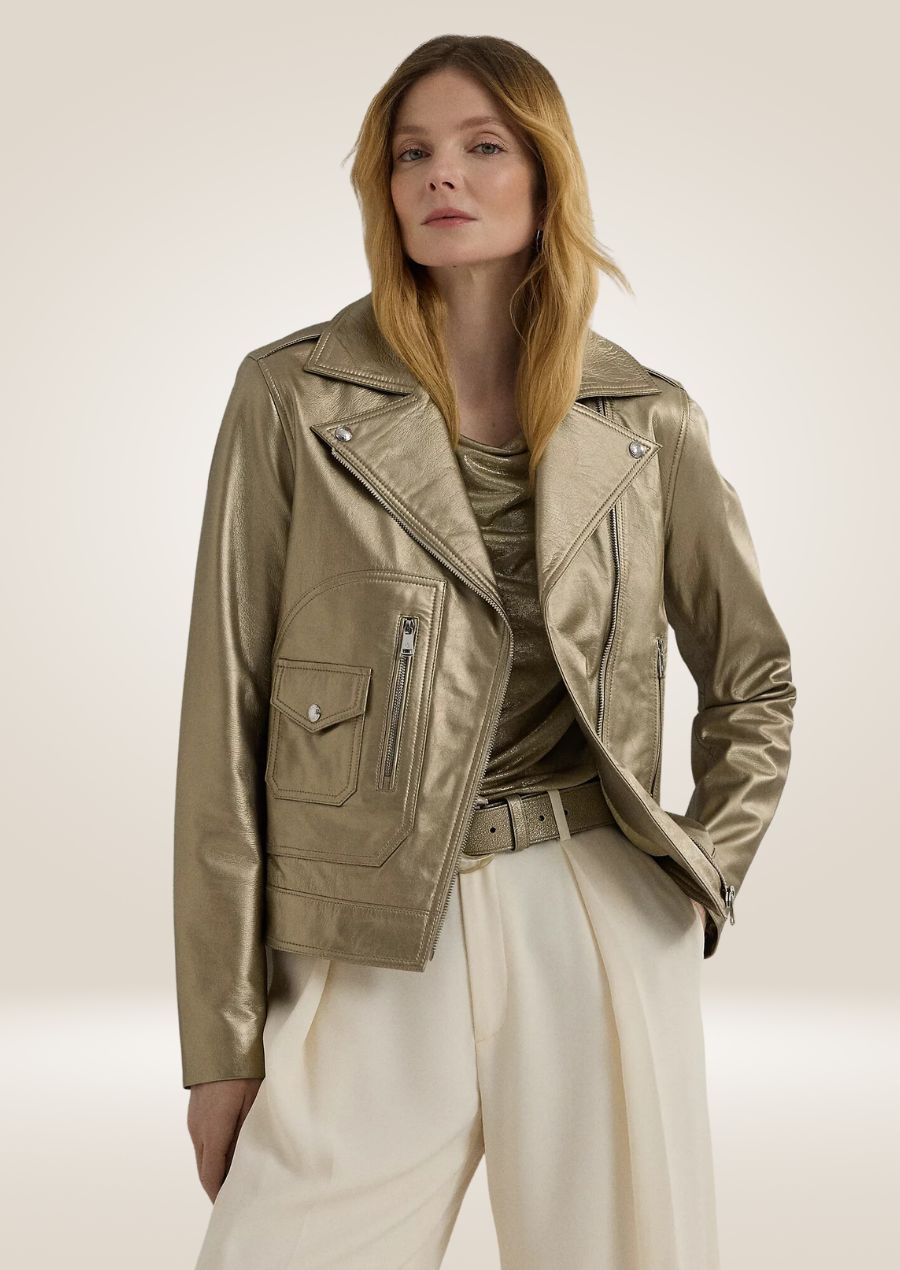 Women’s rose gold metallic biker jacket with asymmetrical zip and slim tailored fit