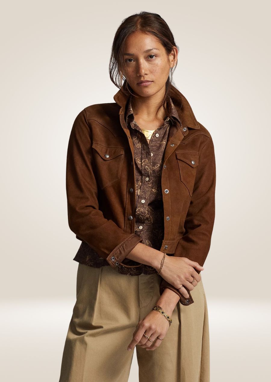 Women’s sheepskin suede jacket with soft finish and tailored slim-fit silhouette