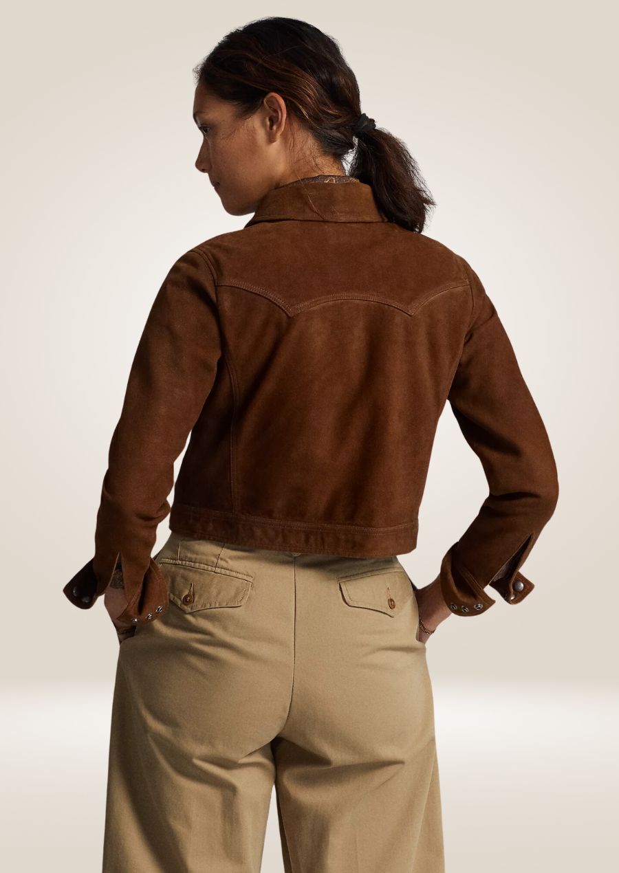 Women’s sheepskin suede jacket with soft finish and tailored slim-fit silhouette