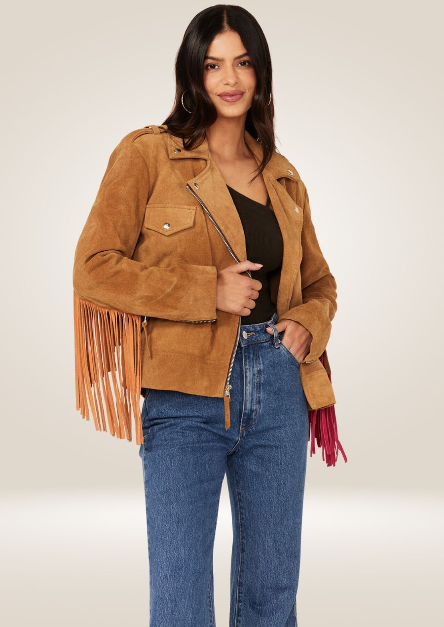 Women’s western suede biker jacket with fringe detailing