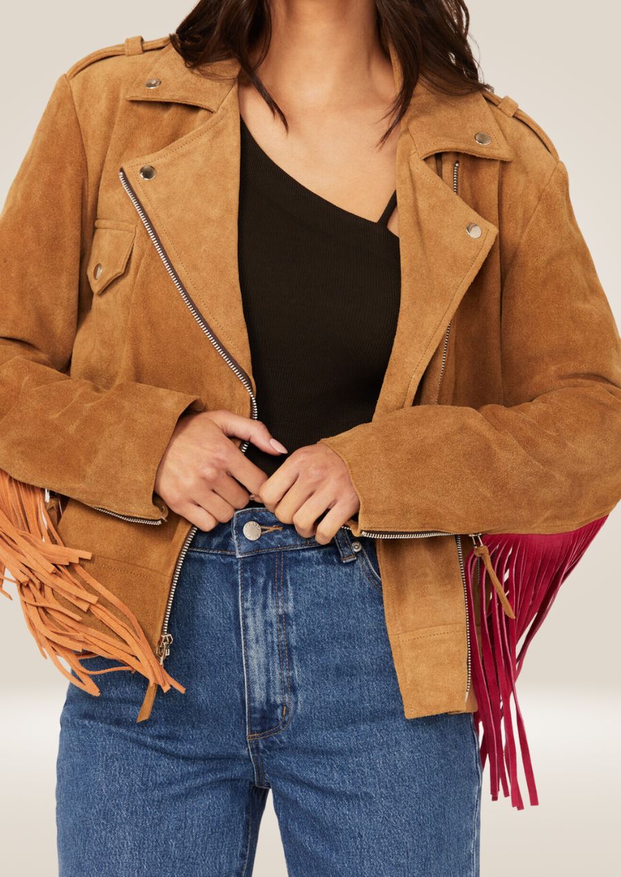 Women’s western suede biker jacket with fringe detailing