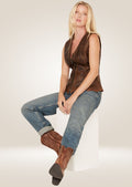 Smooth women’s leather western vest with button closure and subtle rustic detailing