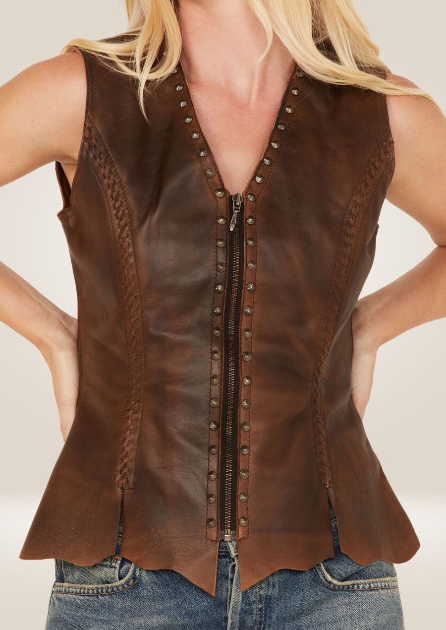 Contemporary women’s western leather vest with high-quality stitching and tailored fit