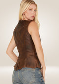 Fashion-forward women’s leather western vest featuring classic western-inspired silhouette